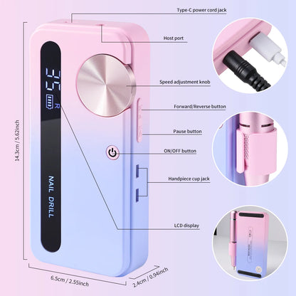 35000RPM Electric Nail Drill Machine Professional Nail Drills for Gel Nails Polish Rechargeable Portable Nail File Manicure Tool